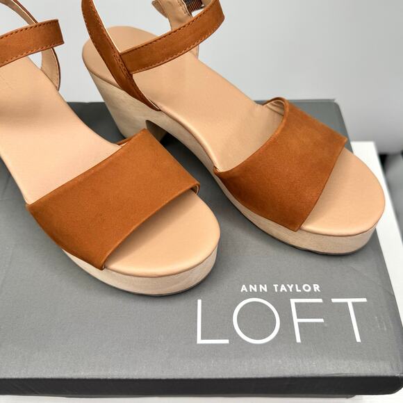Ann Taylor LOFT Cognac Suede Leather Wooden Platform Clog Sandals Size 7.5 NIB - Picture 11 of 11